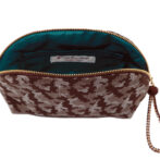 西陣織シルク・シェル型ポーチ・京組紐引手・迷彩グレンチェック・ブラウン迷彩・裏地