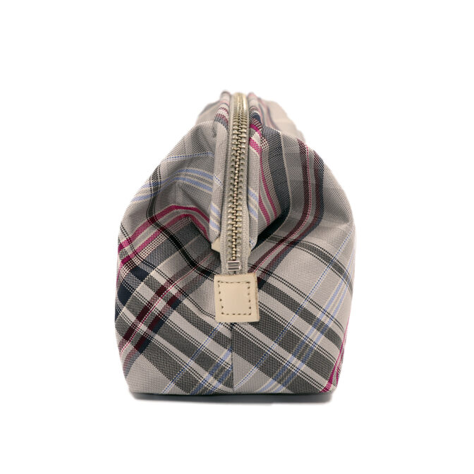 撥水加工・西陣織シルク・がばっと開くアクセサリーポーチ・マルチチェック・アッシュグレー・横