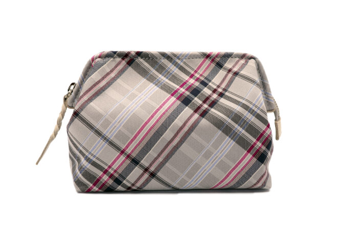 撥水加工・西陣織シルク・がばっと開くアクセサリーポーチ・マルチチェック・アッシュグレー・正面