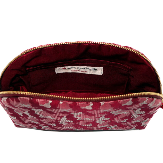 西陣織シルク・シェル型ポーチ・京組紐引手・迷彩グレンチェック・レッド迷彩・裏地