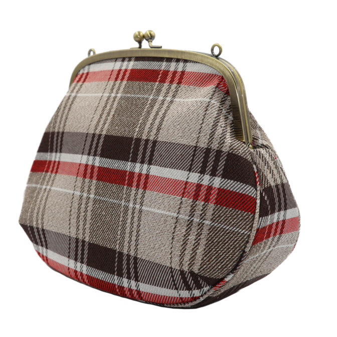 撥水加工・西陣織シルクネップ・がまぐちポシェット・メランジチェック・ベージュ・斜め