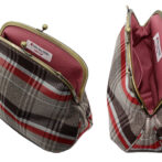 撥水加工・西陣織シルクネップ・がまぐちポシェット・メランジチェック・ベージュ・開けた状態