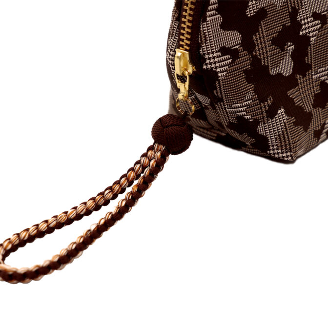 西陣織シルク・シェル型ポーチ・京組紐引手・迷彩グレンチェック・ブラウン迷彩・組紐部分