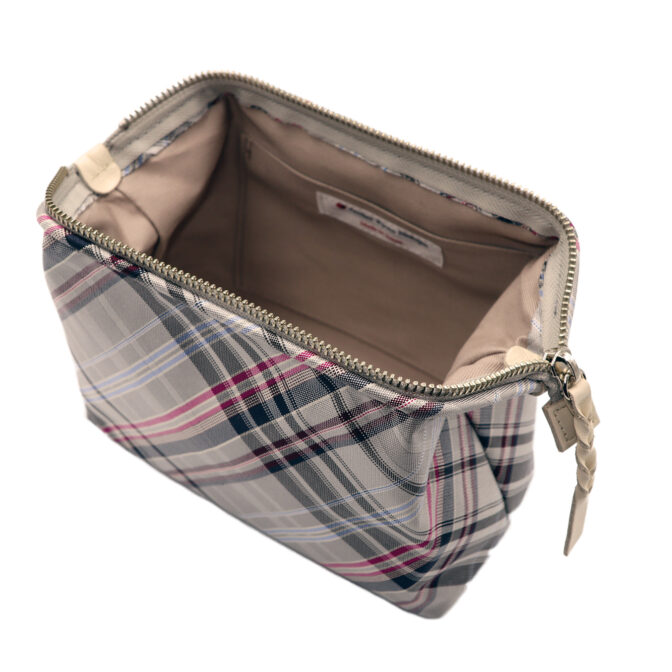 撥水加工・西陣織シルク・がばっと開くアクセサリーポーチ・マルチチェック・アッシュグレー・開口部