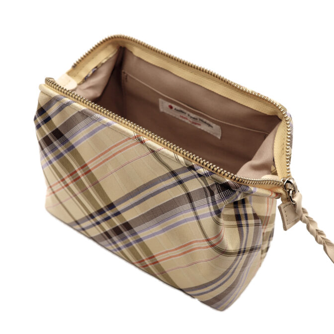 撥水加工・西陣織シルク・がばっと開くアクセサリーポーチ・マルチチェック・ライトイエロー・開口部