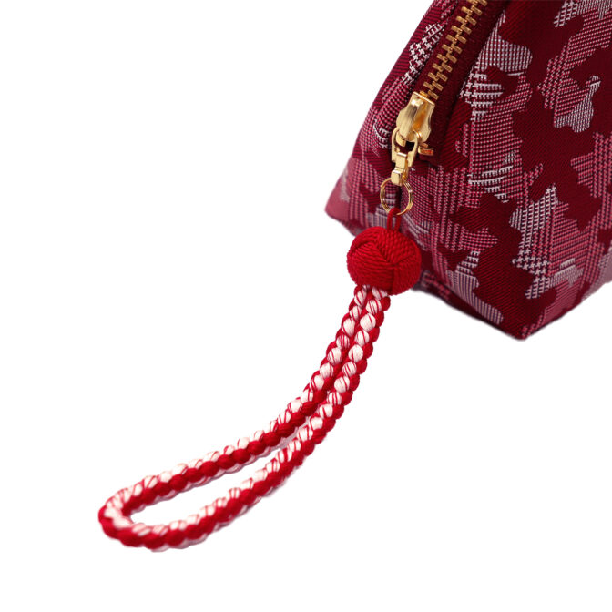 西陣織シルク・シェル型ポーチ・京組紐引手・迷彩グレンチェック・レッド迷彩・組紐部分