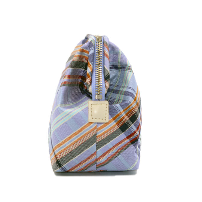 撥水加工・西陣織シルク・がばっと開くアクセサリーポーチ・マルチチェック・スカイブルー・横