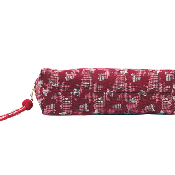 西陣織シルク・シェル型ポーチ・京組紐引手・迷彩グレンチェック・レッド迷彩・底