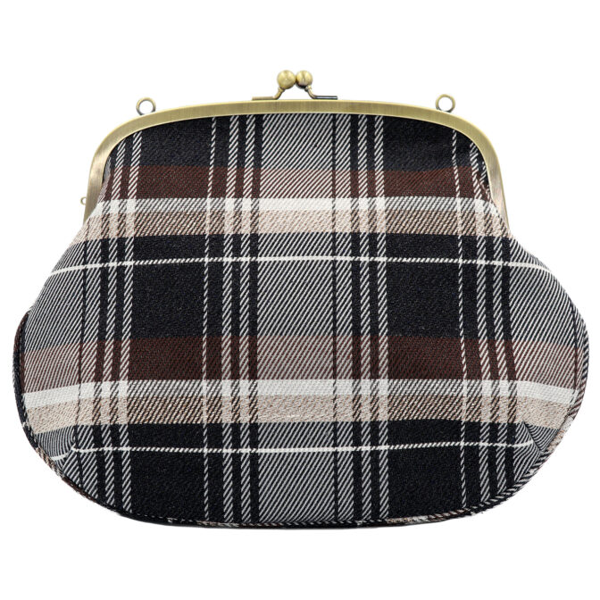 撥水加工・西陣織シルクネップ・がまぐちポシェット・メランジチェック・チャコールブラック・正面