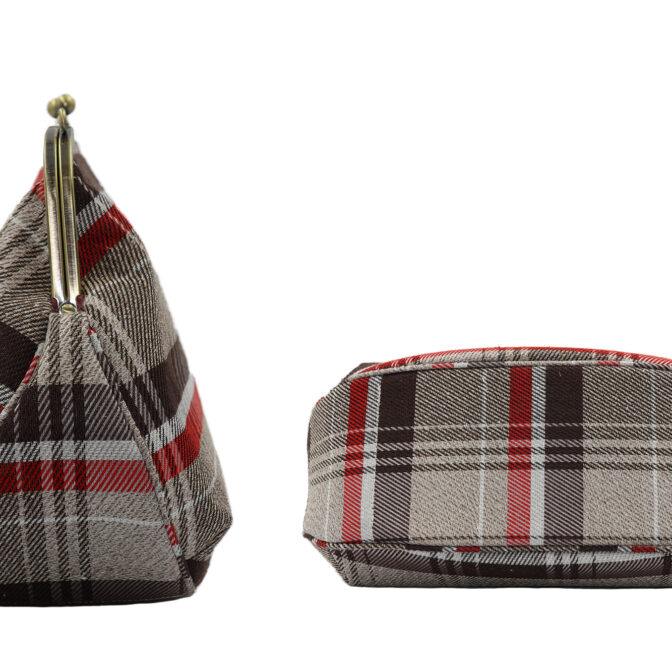 撥水加工・西陣織シルクネップ・がまぐちポシェット・メランジチェック・ベージュ・サイドとボトム