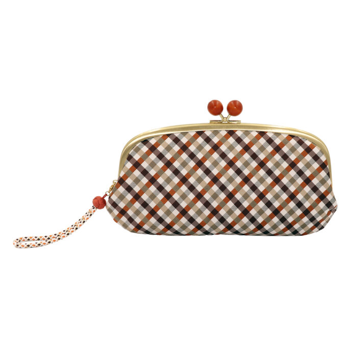Atelier Kyoto Nishijin 西陣織シルク がま口長財布 京組紐ストラップ付 ギンガムチェック ブラウン 日本製 Atelier Kyoto Nishijin アトリエキョウトニシジン