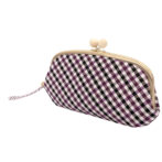 西陣織シルク・がま口長財布・京組紐ストラップ付・ギンガムチェック・パープル・斜め