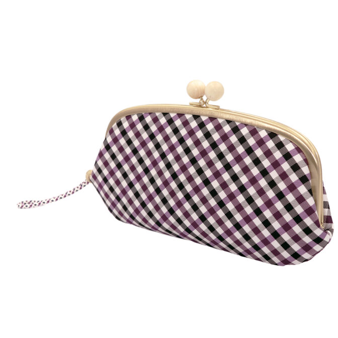 西陣織シルク・がま口長財布・京組紐ストラップ付・ギンガムチェック・パープル・斜め