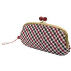 西陣織シルク・がま口長財布・京組紐ストラップ付・ギンガムチェック・レッド・斜めから