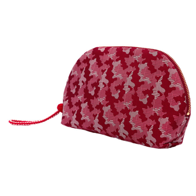 西陣織シルク・シェル型ポーチ・京組紐引手・迷彩グレンチェック・レッド迷彩・斜め