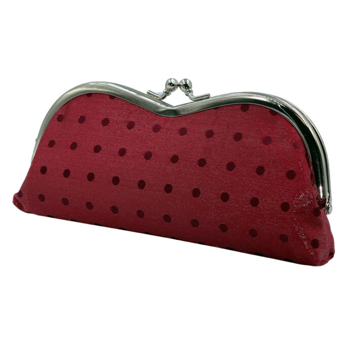 西陣織シルク×艶やかナイロン・山型眼鏡ケース・水玉・スパークリングレッド・斜め