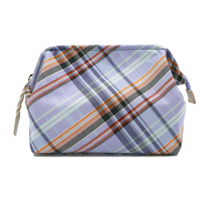 撥水加工・西陣織シルク・がばっと開くアクセサリーポーチ・マルチチェック・スカイブルー・正面