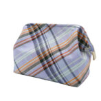 撥水加工・西陣織シルク・がばっと開くアクセサリーポーチ・マルチチェック・スカイブルー・斜め