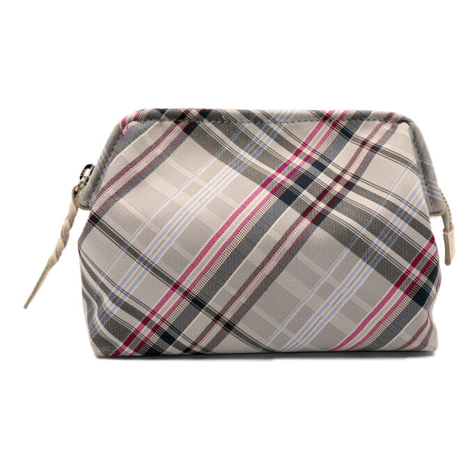 撥水加工・西陣織シルク・がばっと開くアクセサリーポーチ・マルチチェック・アッシュグレー・正面