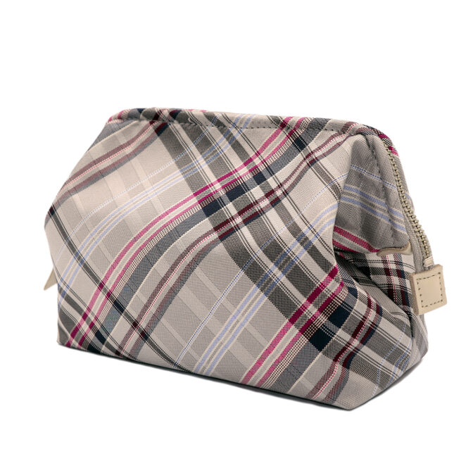 撥水加工・西陣織シルク・がばっと開くアクセサリーポーチ・マルチチェック・アッシュグレー・斜め