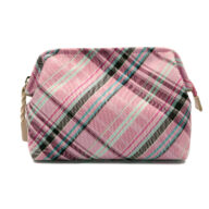 撥水加工・西陣織シルク・がばっと開くファスナーポーチ・コスメポーチ・バッグインバッグ・伝統工芸・マルチチェック・ローズピンク・レディース・日本製