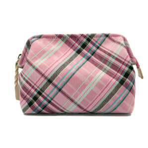 撥水加工・西陣織シルク・がばっと開くファスナーポーチ・コスメポーチ・バッグインバッグ・伝統工芸・マルチチェック・ローズピンク・レディース・日本製