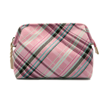 撥水加工・西陣織シルク・がばっと開くファスナーポーチ・コスメポーチ・バッグインバッグ・伝統工芸・マルチチェック・ローズピンク・レディース・日本製