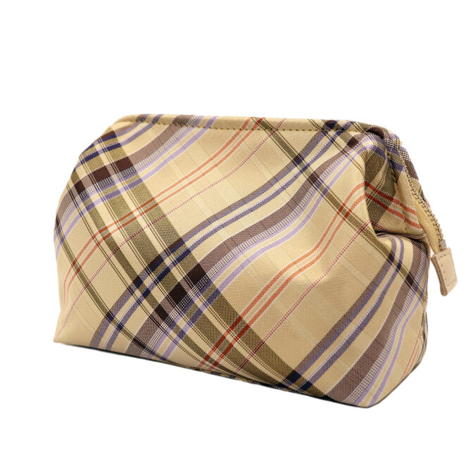 撥水加工・西陣織シルク・がばっと開くアクセサリーポーチ・マルチチェック・ライトイエロー・斜め