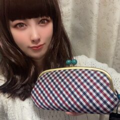 理想的な財布😊/西陣織シルク・がま口長財布・京組紐ストラップ付・ギンガムチェック・ネイビー・日本製