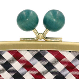 西陣織シルク・がま口長財布・京組紐ストラップ付・ギンガムチェック・ネイビー・木玉部分拡大