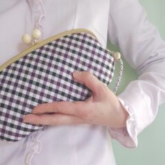 機能性デザイン性抜群のがま口長財布/西陣織シルク・がま口長財布・京組紐ストラップ付・ギンガムチェック・パープル・日本製