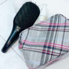 大容量ポーチでオシャレ♡/撥水加工・西陣織シルク・がばっと開くアクセサリーポーチ・マルチチェック・アッシュグレー・日本製