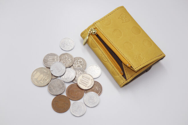 ねこコンパクト財布　小銭がどれ位入るかイメージ