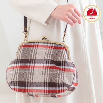 撥水加工・西陣織シルク・がま口ショルダー・ポシェット・伝統工芸・普段使い・和洋折衷・タータンチェック・ベージュ・レディース・日本製