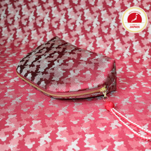 西陣織シルク・軽量ファスナーポーチ・コスメポーチ・バッグインバッグ・伝統工芸・京組紐引手・グレンチェック・迷彩柄・レッド・レディース・日本製