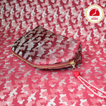 西陣織シルク・軽量ファスナーポーチ・コスメポーチ・バッグインバッグ・伝統工芸・京組紐引手・グレンチェック・迷彩柄・レッド・レディース・日本製