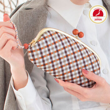 西陣織×京組紐・がま口長財布・伝統工芸・親子がま口・大容量・京組紐ストラップ付・ギンガムチェック・ブラウン・レディース・日本製