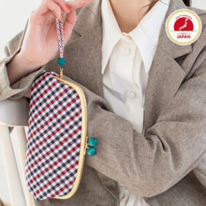 西陣織×京組紐・がま口長財布・伝統工芸・親子がま口・大容量・京組紐ストラップ付・ギンガムチェック・ネイビー・レディース・日本製