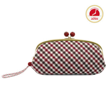 西陣織×京組紐・がま口長財布・伝統工芸・親子がま口・大容量・京組紐ストラップ付・ギンガムチェック・レッド・レディース・日本製